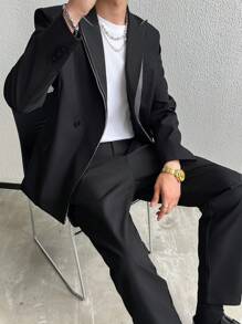Calvornis 男士双层立领西装套装，高端商务休闲夹克和裤子，男士穿着厚领单扣西装外套和裤子套装，双领设计更显格调和层次感，适合日常通勤商务、聚会和宴会。这款裤子是男士衣橱中不可或缺的单品，也是送给男朋友或老公的绝佳礼物。 - 黑色 - 查看 3