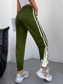EURMUSE 95% Cotton Striped Side Drawstring Waist Sweatpants - Green - View 2