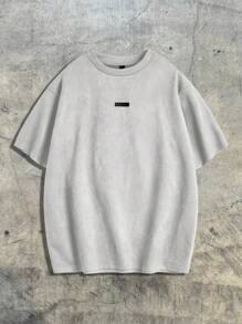 AXEPEAK T-shirt girocollo a maniche corte in maglia con grafica inglese goffrata, vestibilità morbida, da uomo, adatta per l'estate, la scuola e lo streetwear - Grigio - Visualizzare 2