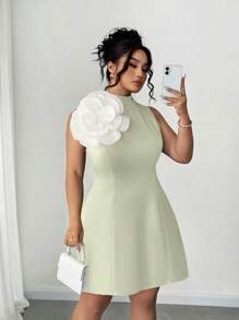 Elenzga 大码夏季优雅3D花卉装饰无袖连衣裙