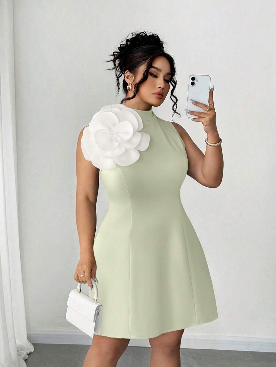 Elenzga 大码夏季优雅3D花卉装饰无袖连衣裙