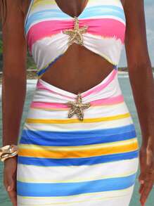 Opulessa Vestido ceñido de punto con cuello en V, decoración metálica en la parte delantera, espalda descubierta, bajo con abertura, para uso en la playa, fiestas o salidas nocturnas