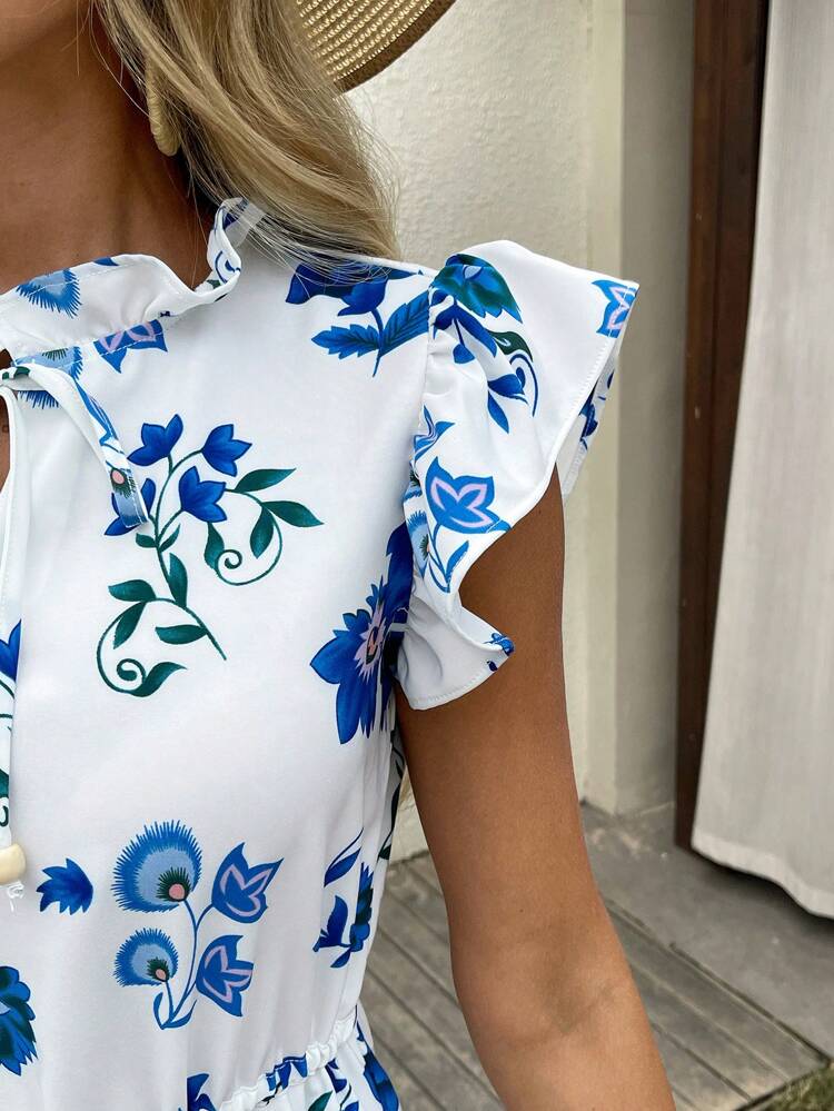 Women's Floral Print Frill Trim Tie Front Cap Sleeve Mini Dress, Vacation Style