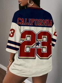 Slaydiva Camiseta de mujer informal y retro con letras y números impresos en malla, apropiada para el verano y la temporada deportiva