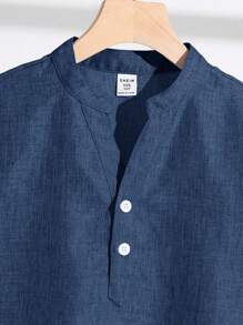 SHEIN Tween Boy Casual Short Sleeve Shirt And Trousers Set - Navy Blue - View 5