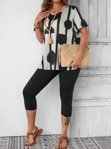 EMERY ROSE Plus Size 2pcs/Set Women Polka Dot Short Sleeve T-Shirt And Elastic 3/4 Length Leggings