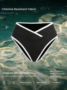 GLOWMODE Summer Quick Dry Chlorine Resistant Colorblock Trim Medium Coverage High Crossover V Waist Bikini Bottom Swimming Beach Pool Vacation Resort Travel Summer Wear - Black - View 4