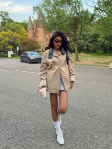 SHEIN EZwear 女式休闲日常拼布格子纽扣风衣 - 卡其色 - 查看 4