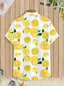 Manfinity RSRT Fashionable Casual Holiday Style Lemon Fruit Digital Printing Pattern Regular Fit Men's Short Sleeve Shirt, Suitable For Summer Outdoor, Vacation, Dating, Parties, Essential Matching Item, Couple, Ideal Gift For Boyfriend