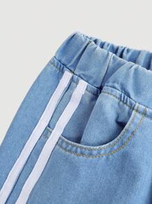 SHEIN Girlism 少女蓝色宽松阔腿牛仔裤，侧边蝴蝶结，春夏休闲度假乡村波西米亚风装