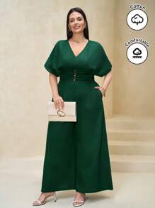 SHEIN Clasi Plus Size Women's V-Neck Cinched Waist Linen- Jumpsuit,Dark Green,Summer,Curve,Elegant,Cocktail,Easter,Festival,Derby,Graduation,Church Outfits - Green - View 9
