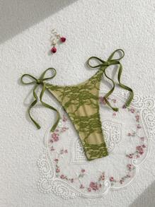 Swim Vcay Spring Break New Solid Color Side Knotted High Cut Thong Bikini Bottom, Sexy Swimsuit Bottom For Summer Beach Vacation - Green - View 3