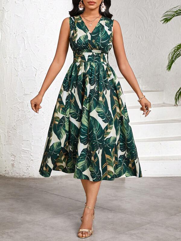 SHEIN Lady Damen Sommerkleid mit tropischem Pflanzen-Muster, Überschnittener V-Ausschnitt, ärmellos, elegante Midi-Länge