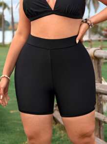 SHEIN Swim Lushore 全新大码女式纯黑色修身提拉比基尼短裤 - 黑色 - 查看 4