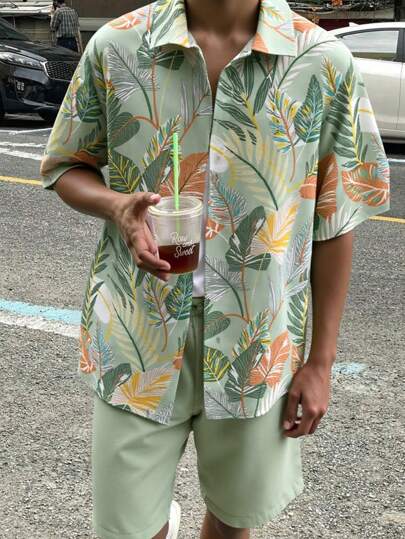 2pcs Set Teenage Boy Holiday Floral Print Shirt With Shorts, Suitable For Beach Party, School, Campus, College