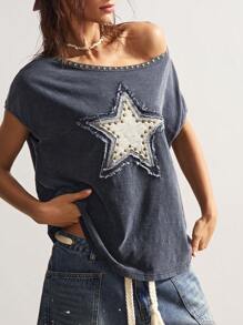 Bohemela Camiseta holgada informal de estilo bohemio con estampado, para verano - Negro - Ver 3