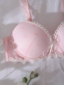 Dream Adore 3/4 罩杯聚拢加厚文胸，交叉肩带，蝴蝶结，透视心形内衣，带刺绣饰边和荷叶边，可爱女士内衣，粉色，卡哇伊 - 粉色 - 查看 3
