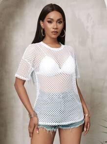 Slaydiva 大码女式黑色薄纱宽松半袖圆领休闲街头T恤，春秋季 - 白色 - 查看 5