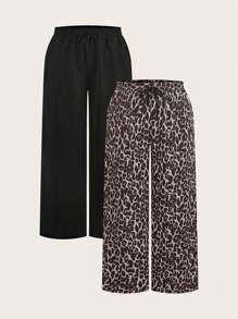 SHEIN PETITE CURVE Plus Size 2pcs/Set Plus Size Women Leopard Print & Black Sweatpants, Spring/Summer - Multicolor - View 9