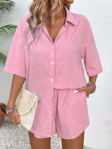 EMERY ROSE Set de 2 piezas de blusa de manga corta y shorts de unicolor para mujer, elegante para el verano