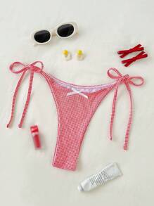 Swim Mod Cute Gingham Tied Bikini Bottom For Summer Beach Vacation - Red and White - View 1