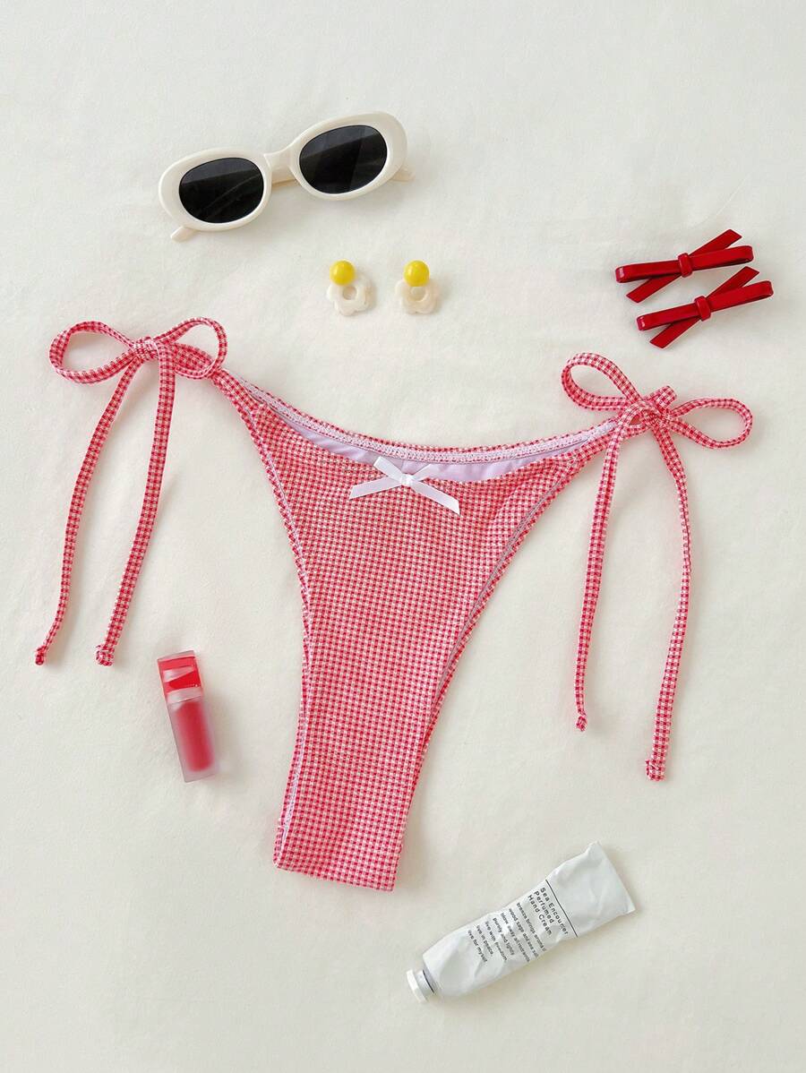 Swim Mod Cute Gingham Tied Bikini Bottom For Summer Beach Vacation - Red and White - View 1