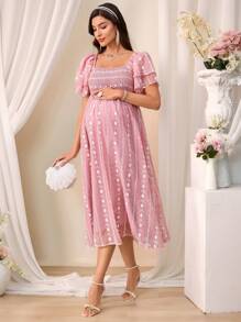 SHEIN Maternity Floral Jacquard Shirred Ruffle Sleeve Elegant Midi Dress,Pink Maternity Dress - Khaki - View 7