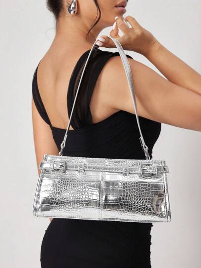 SHEIN SXY 女士单肩包，流浪包，时尚，优雅，简约，个性，多功能，经典，银色，鳄鱼纹PU，适合通勤，办公，约会，日常，购物，下午茶