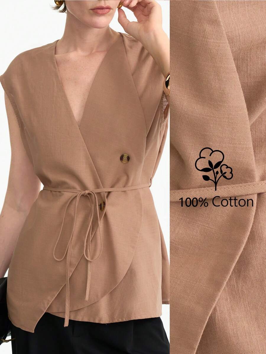 Aalyst Áo cánh màu trơn không tay cổ chữ V thoải mái, thanh lịch, giản dị, tối giản, không tay, thắt lưng, hở eo cho nữ - màu nâu - Xem 1