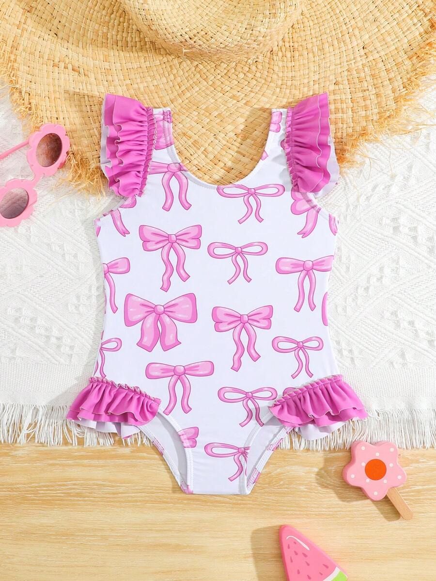 Baby Girl Random Striped Ruffle Edge One-Piece Swimsuit - Multicolor - View 1