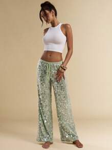 SHEIN BAE Women's Low Waist Sequin Palazzo Pants For Beach Vacation, Summer Sage Green Dress - Green - View 1