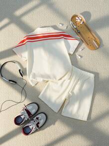 SHEIN 2 Stücke/Set Jungen Sommer Koreanischer Stil Sport Streifen Hemd mit Kragen & Shorts Set - Rot-Weiß - Übersicht 3