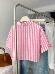 Elamini 条纹短款宽松翻领短袖女式衬衫 - 玫紅色 - 查看 2