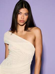 KIZN One Shoulder Bardot Mesh Drape Mini Dress