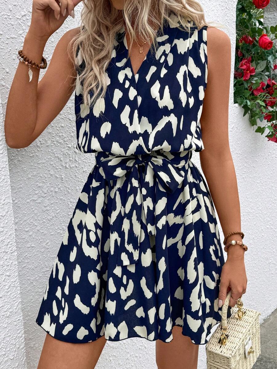 SHEIN PETITE 女式豹纹无袖休闲连衣裙，夏季 - 藏蓝色 - 查看 1