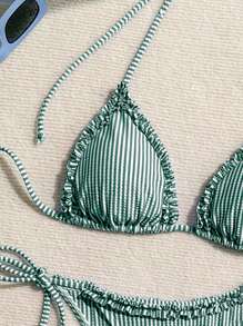 Swim Mod Women's Striped Nautical Print Ruffle Tie-Up Bikini Set, For Vacation For Summer - Dark Green - View 6