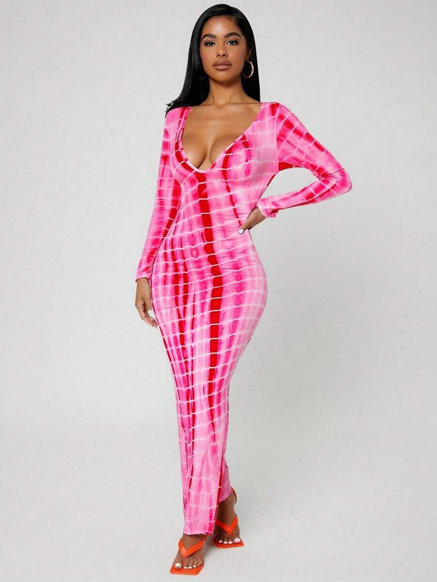 SHEIN SXY Tie Dye Deep V-neck Long Sleeve Dress With A Tight-fitting Bottom - Pink - View 1