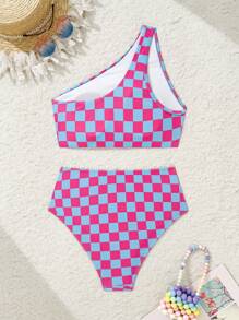 SHEIN Swim Women Checkerboard Print One Shoulder Bikini Swimsuit Set (Random Print) For Summer Beach Vacation - Multicolor - View 2