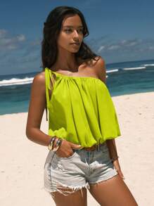 Easelle Blusa casual de una sola manga con estampado floral verde para vacaciones de mujer, primavera/verano - Verde - Ver 4