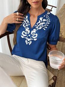 SHEIN LUNE Blusa de mujer casual de manga corta con escote en forma de ojo de cerradura y estampado gráfico, para el verano