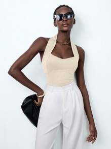 Lumivelle Women Solid Color Elastic Halter Backless Slim Bodysuits - Apricot - View 3