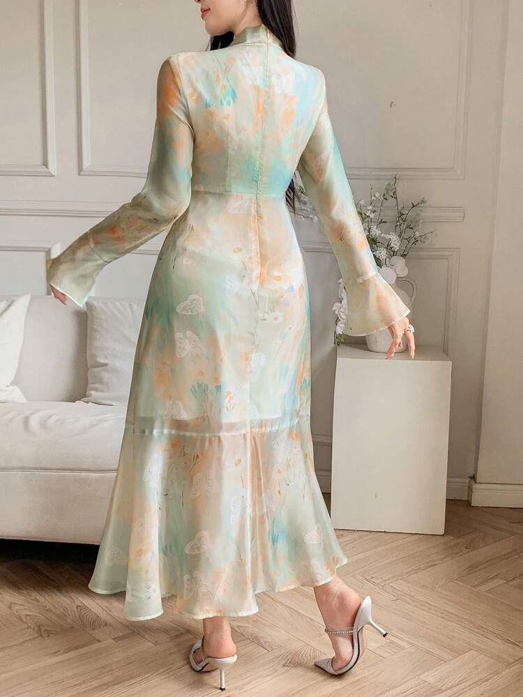 Floral Printed Full Length Fitted Dress With Tie Neck And Bell Sleeves, Elegant For Women, Fall Dress Long Sleeve Dress