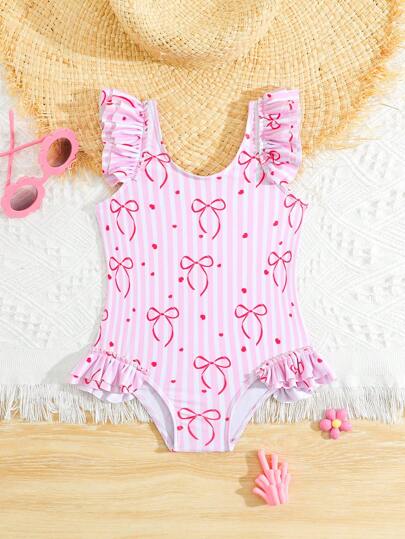 SHEIN 女童条纹随机荷叶边无袖连体泳衣蝴蝶结泳装女童泳衣女童连体泳衣女童泳装女童泳衣女童泳装女童连体泳衣女童夏季服装女童连体衣