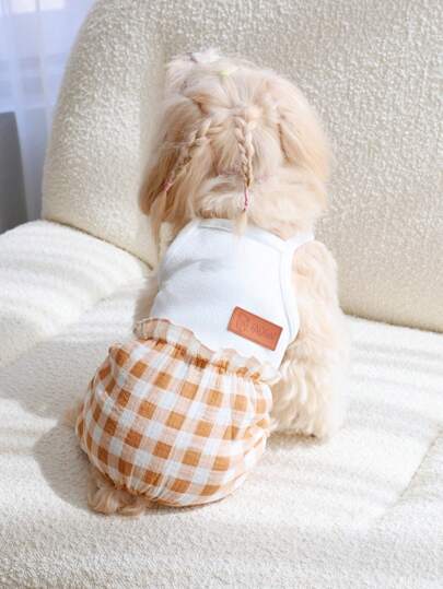 PETSIN Bộ đồ liền thân in họa tiết gấu kẻ caro màu nâu dễ thương, thoáng khí, nhẹ cho thú cưng mùa hè dành cho mèo và chó