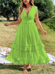 Franclia Plus Size Women Elegant Solid Color Ruffle Hem Tie Strap Dress