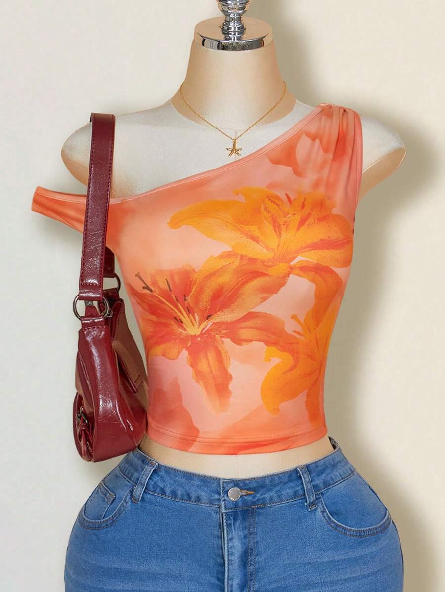 SHEIN ICON Plus Size Asymmetrical Shoulder Floral Print Fitted Casual Vacation Top - Yellow - View 1