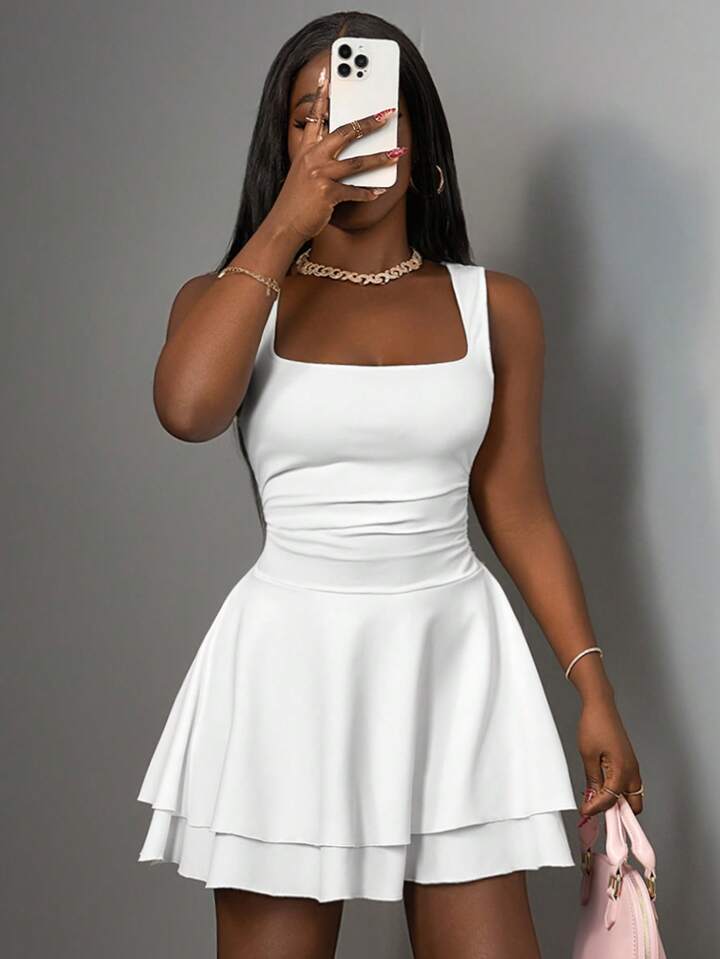 Slaydiva Women's Summer Basic Casual Sweet Square Neck Sleeveless Ruched Flared Short Dress - D,Business Casual Woman