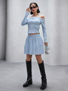 SHEIN Cottnline Two-Piece Ribbed Knit Sweater Set With Off-Shoulder Long-Sleeve Top And Pleated Mini Skirt - Baby Blue - View 7