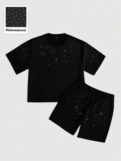 Street Life Men Avant Summer Casual Rhinestone Round Neck Short Sleeve T-Shirt And Shorts Set