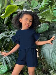 SHEIN Young Girl Vacation Casual Solid Color Round Neck Knit Top And Shorts Set, Spring/Summer